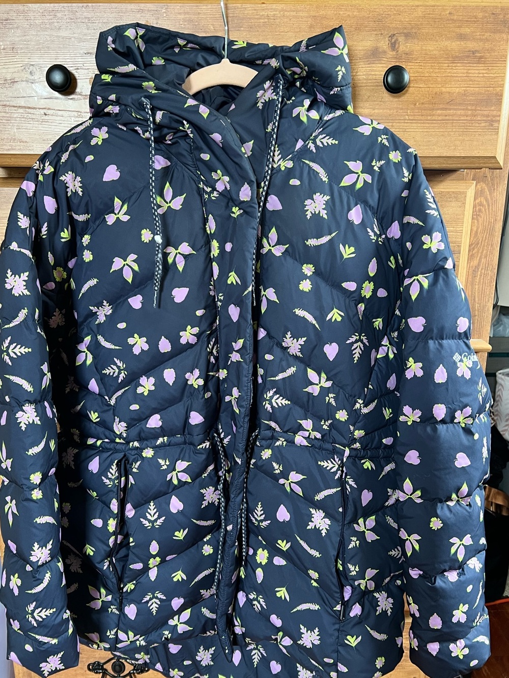 Columbia Navy Floral Hooded Puffer Jacket with Purple Accents